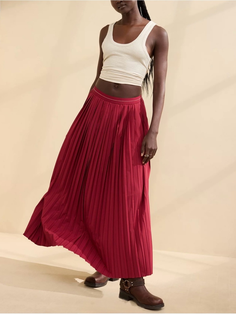 Aerie Balletcore Pleated Maxi Skirt Red Burgundy Gold Trim Romantic Minimalist S
